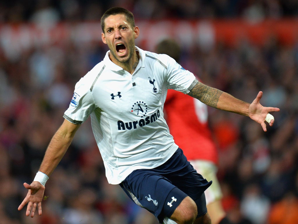 29 September 2012 Clint Dempsey of Tottenham Hotspur celebrates scoring his side's third goal as they won at Old Trafford for the first time in 23 years.