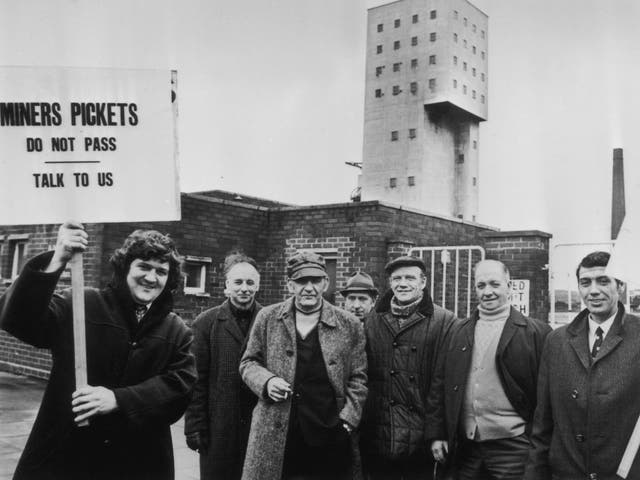 Miners' pickets outside Salford Colliery in Lancashire during a national strike, 11th February 1974.