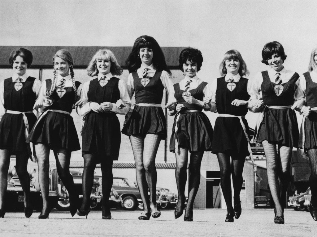 A group of actresses dressed in school girl uniforms for a 'St Trinians' film.