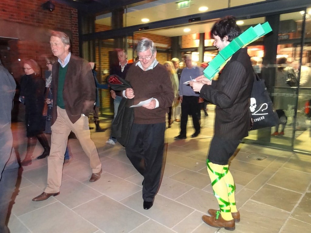 The protesters' character, 'BP', greets theatregoers as they make their way out