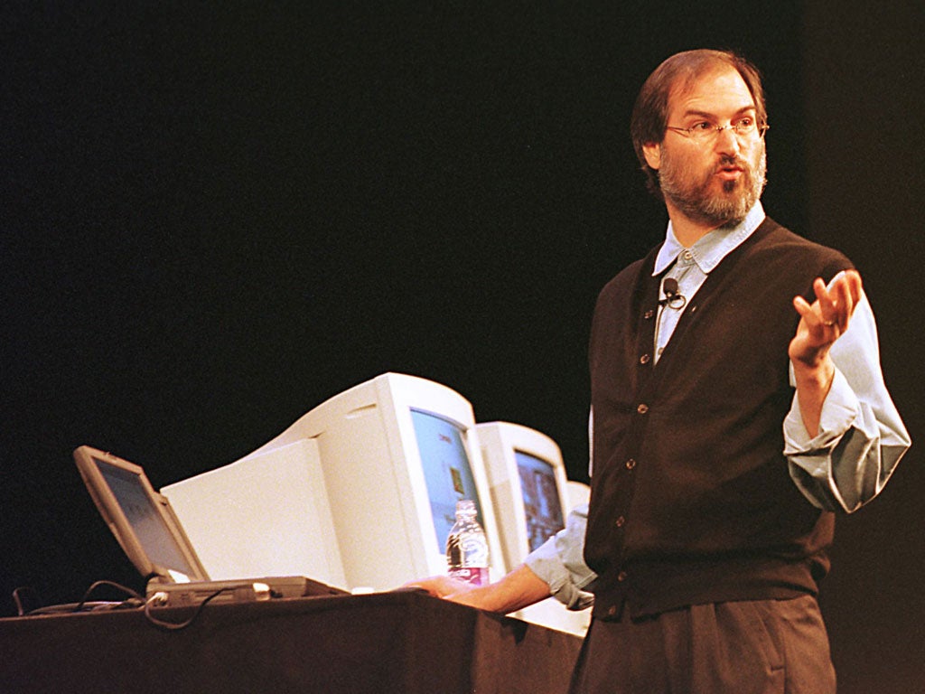 Apple Computer Interim CEO and co-founder Steve Jobs speaks at a press conference 10 November, 1997 in Cupertino, California.