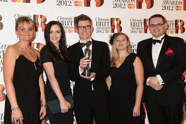 Maria Dudley, Victoria Pendleton, Gareth Malone, Eden Burrell and Paul Mealour with the Classic Brits single of the year award