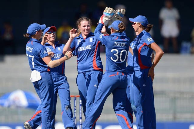 England's women celebrate during the victory over New Zealand