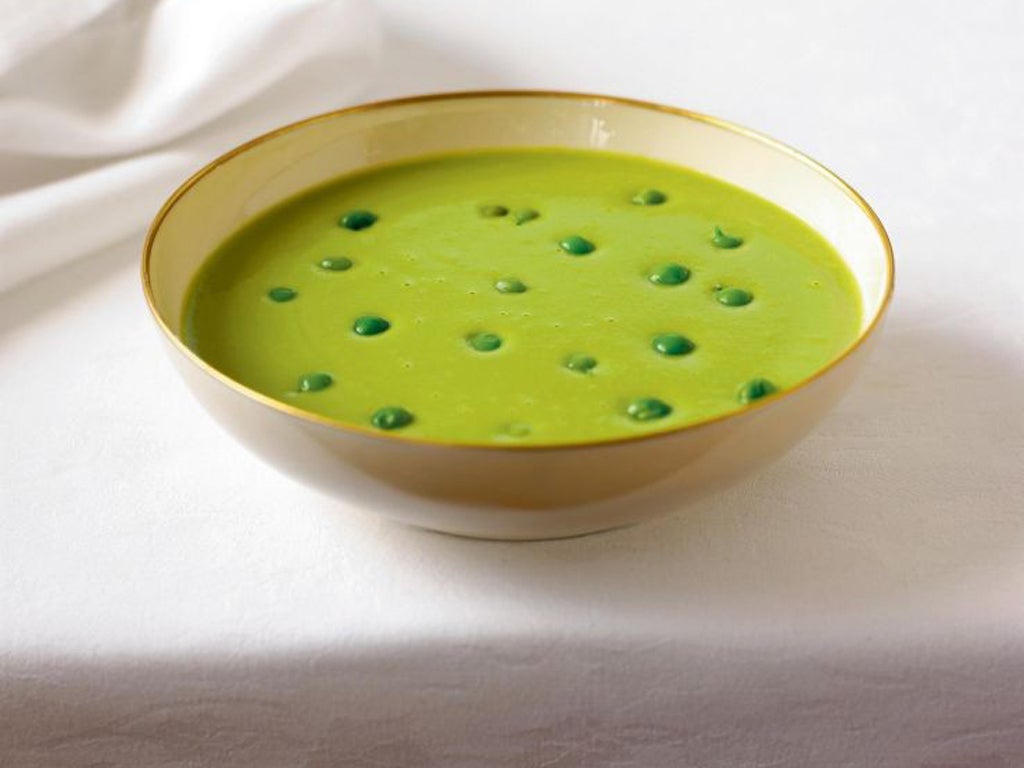 A sublime pea soup that has the virtue of being cheap yet chic. Serve with a spoonful of crème fraîche and chopped
mint on top