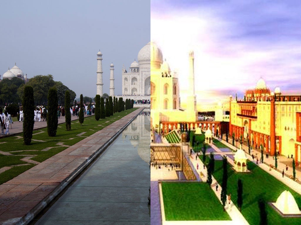 The Taj Mahal in Agra, India,- and an artist's impression, right, of the Dubai version