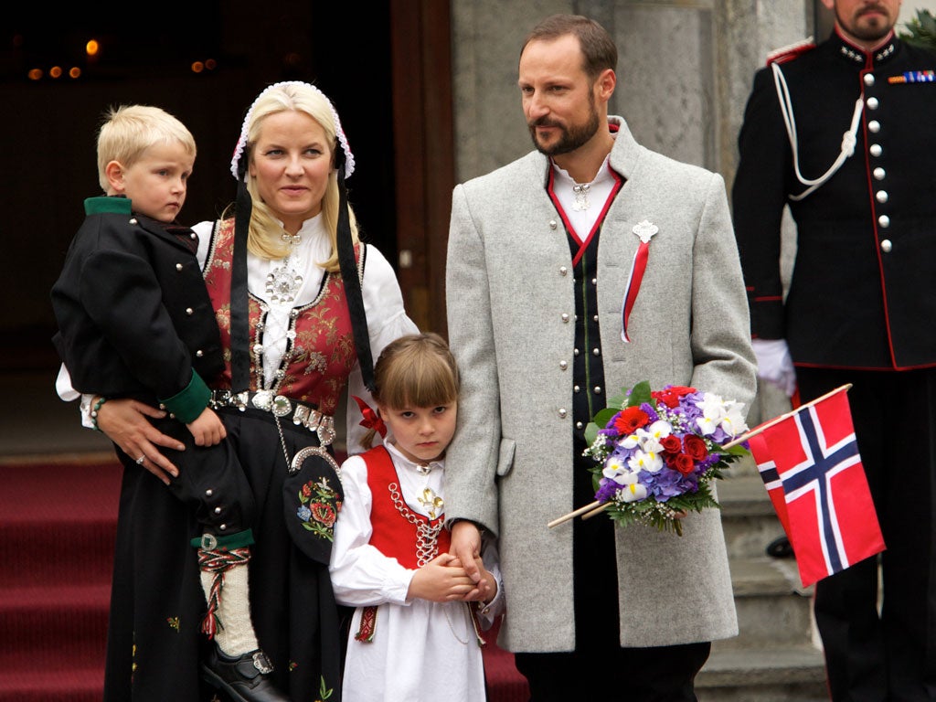 Prince Sverre Magnus of Norway, Princess Mette-Marit of Norway, Princess Ingrid Alexandra of Norway and Prince Haakon of Norway attend The Children's Parade on May 17, 2011 in Asker, Norway.