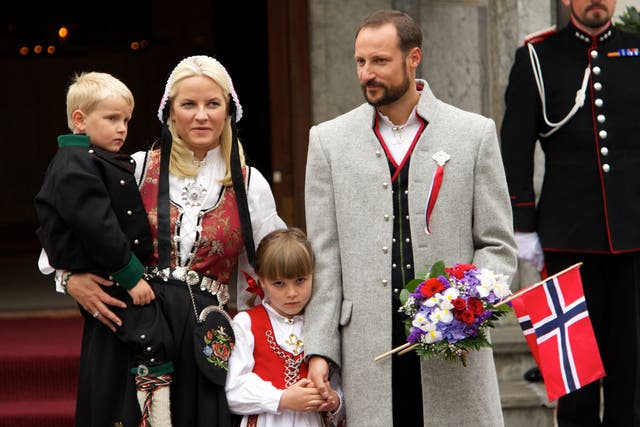 Prince Sverre Magnus of Norway, Princess Mette-Marit of Norway, Princess Ingrid Alexandra of Norway and Prince Haakon of Norway attend The Children's Parade on May 17, 2011 in Asker, Norway.