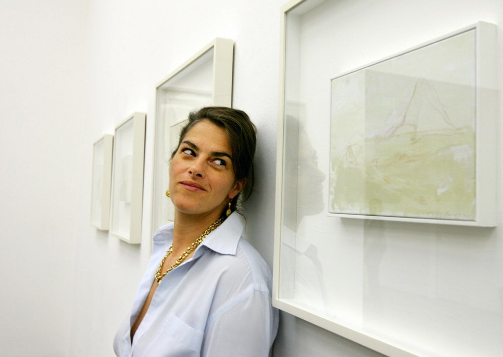 Tracey Emin with her work at White Cube, Hoxton in 2005