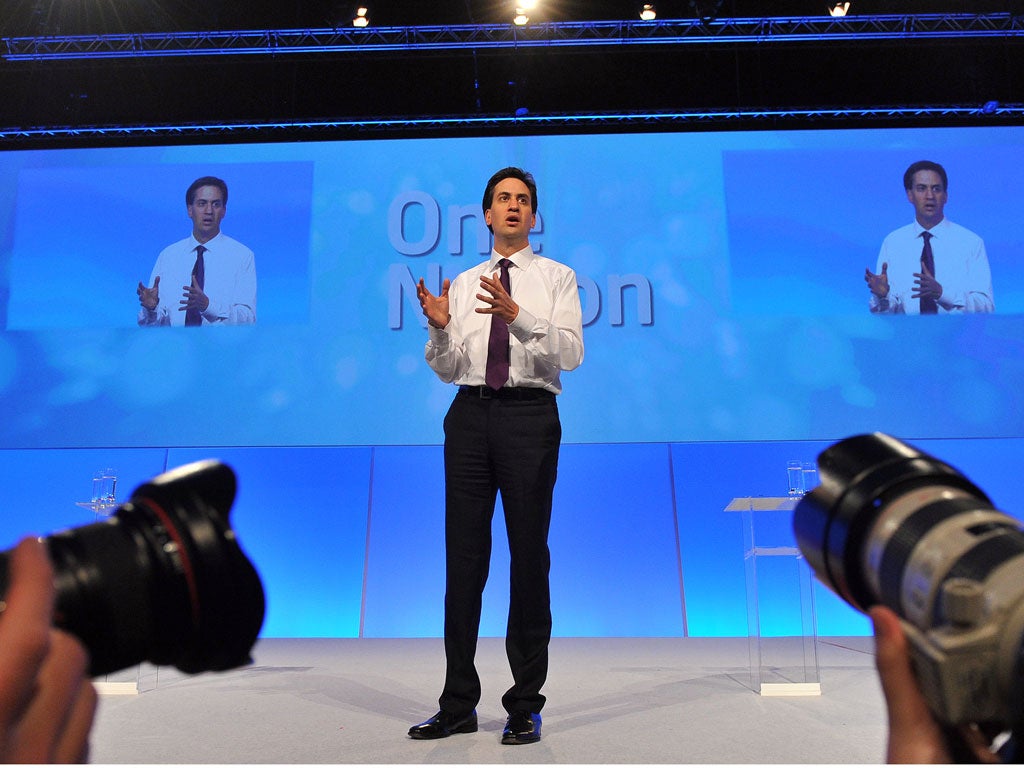 British Opposition Labour Party Leader Ed Miliband takes part in a Questions and Answers discussion on the fourth day of the annual Labour Party Conference in Manchester, north-west England, on October 3, 2012.