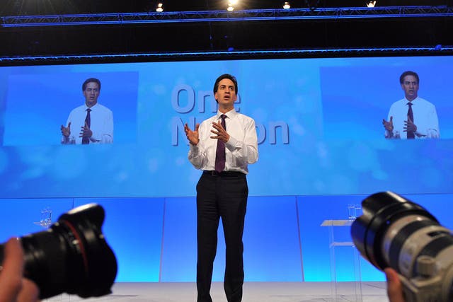 British Opposition Labour Party Leader Ed Miliband takes part in a Questions and Answers discussion on the fourth day of the annual Labour Party Conference in Manchester, north-west England, on October 3, 2012.