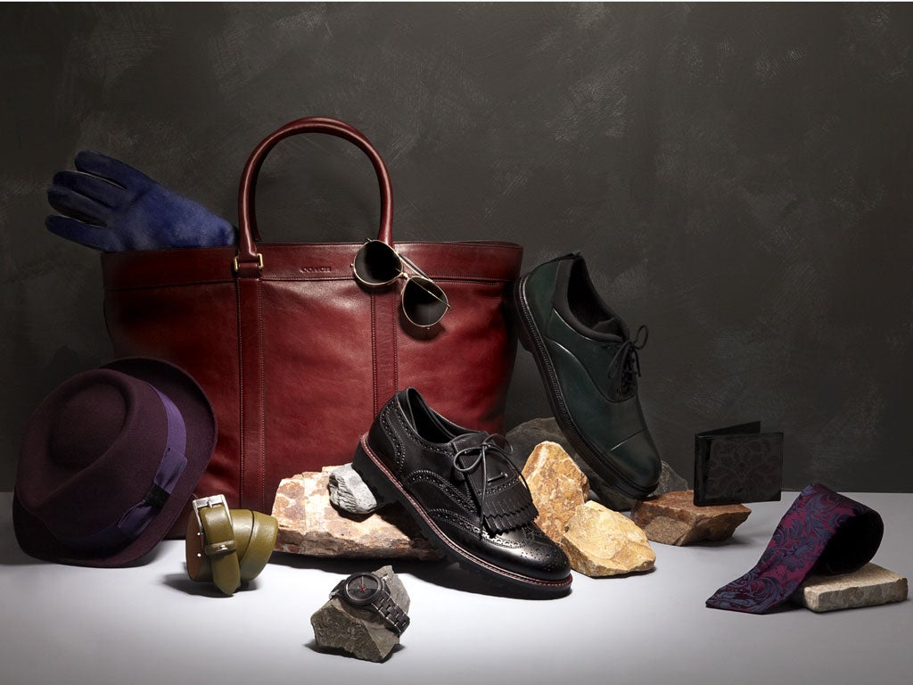 Felt hat and ponyskin gloves, £85, and £245, both Paul Smith, paulsmith.co.uk, 0800 023 4006
Leather weekend bag, £575, Coach, ukcoach.com, 020-3141 8901
Leather belt, £85, Hackett, hackett.com, 020-7939 6865
Chiffre Rouge A05 watch, £4,400, Dior, dior.com, 020-7172 0172
12k gold sunglasses, £515, Thom Browne, The Eye Company, 020-7434 0988, eye-company.co.uk
Tassel brogues, £439, Emporio Armani, 020-7823 8818
Green leather lace-up shoes, £380, Z Zegna, 37-38 Bond Street, London W1, 020-7518 2700
Leather wallet, £180, Alexander McQueen, available online at alexandermcqueen.com
Brocade tie, £85, Duchamp, duchamplondon.com