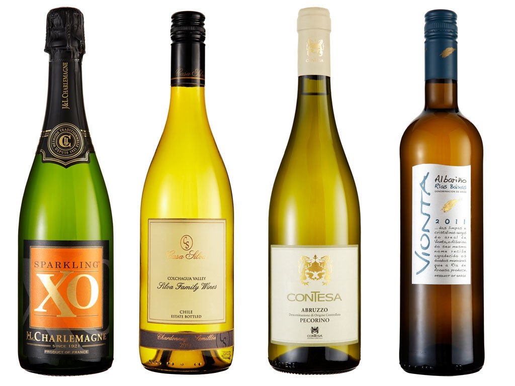 J&L Charlemagne Sparkling XO; Casa Silva Chardonnay-Semillon Colchagua Valley 2011; Pecorino Colline Pescaresi 2011; Vionta Albariño Rias Baixas 2011/12