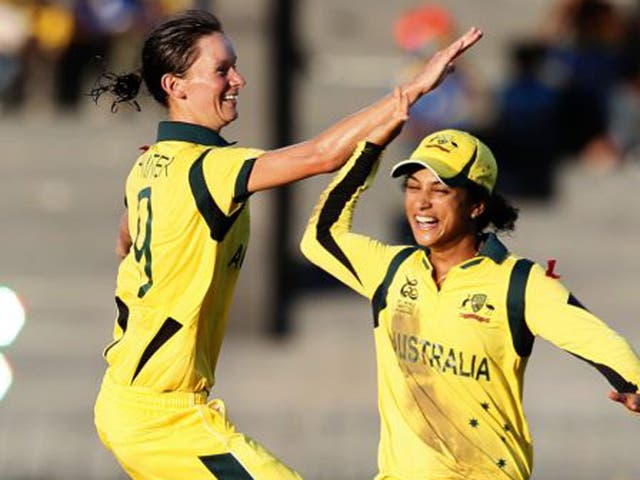 Julie Hunter (left) took five wickets for Australia yesterday