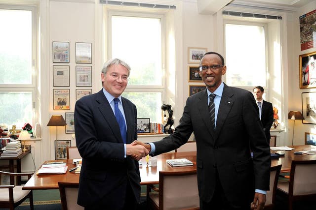 Andrew Mitchell with Paul Kagame in Rwanda. Kagame’s regime is accused of funding a brutal rebellion in Congo, right