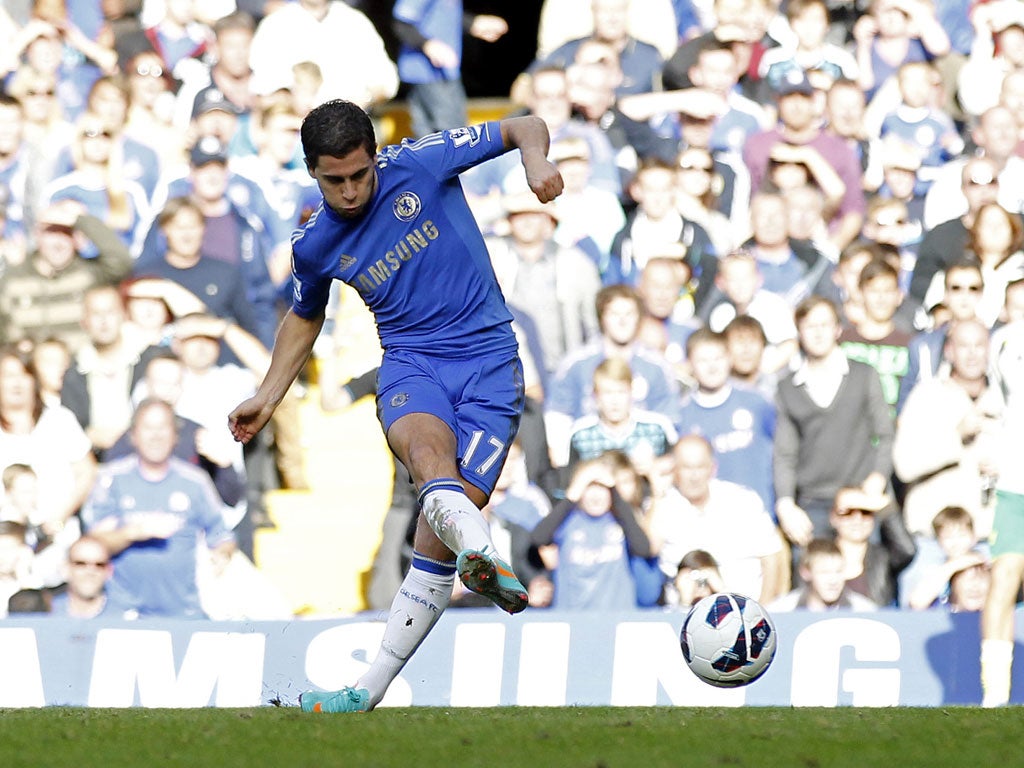 Chelsea 4-1 Norwich Chelsea's Belgian midfielder Eden Hazard scores their third goal