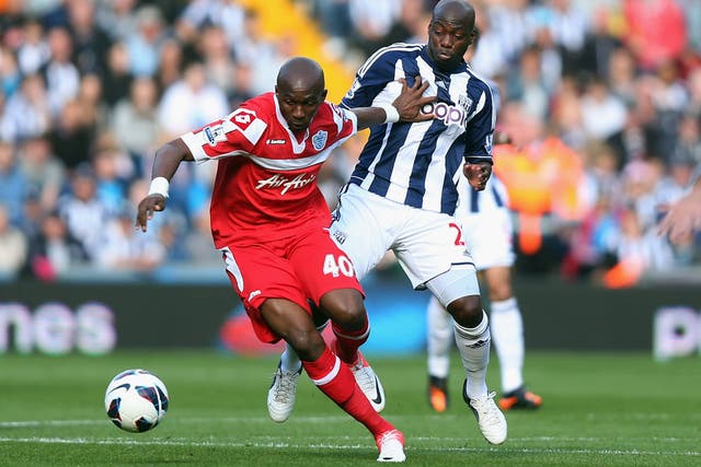 <b>West Brom 3-2 QPR</b>
Stephane Mbia of Queen Park Rangers holds off Stephane Mbia