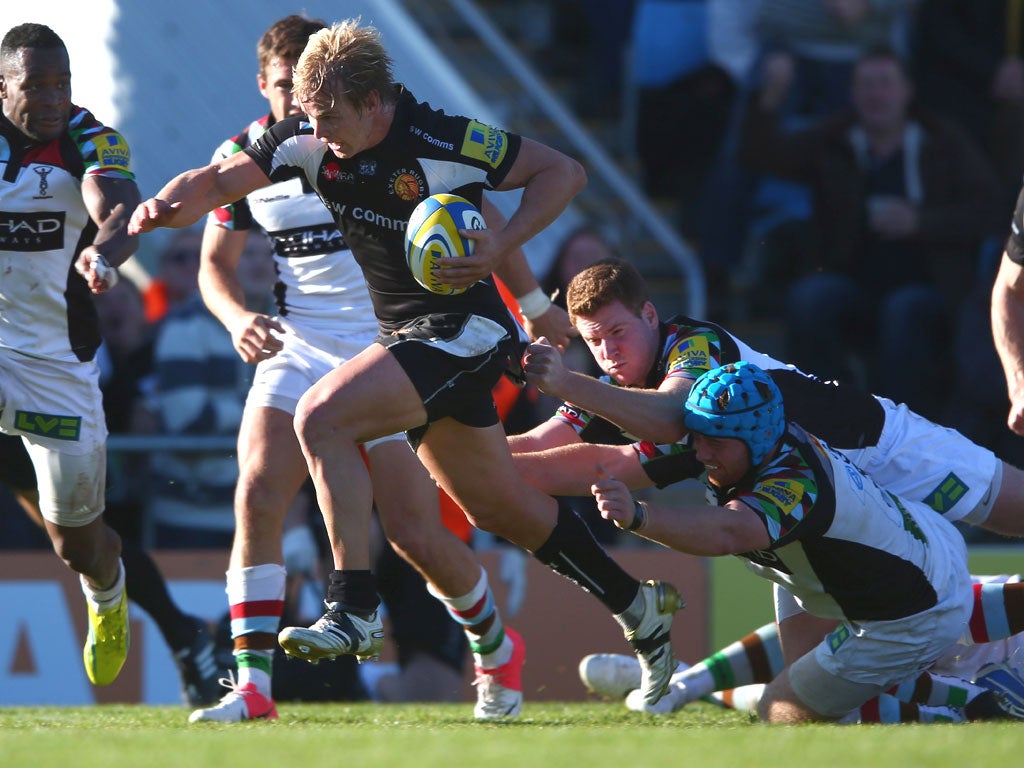 Jason Shoemark (pictured) scored two of Exeter's five tries, with Brett Sturgess, Ben White and Sireli Naqelevuki scoring the others