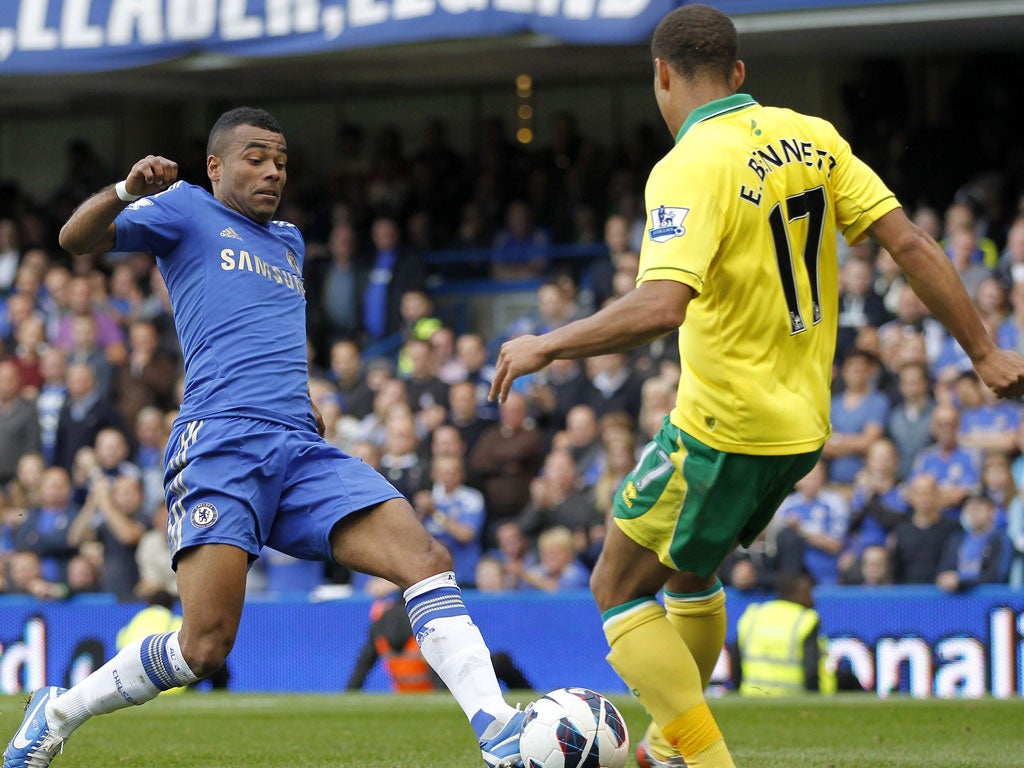 Courting trouble: Ashley Cole finds himself at full stretch as he tries to deny Norwich's Elliott Bennett possession in yesterday's game