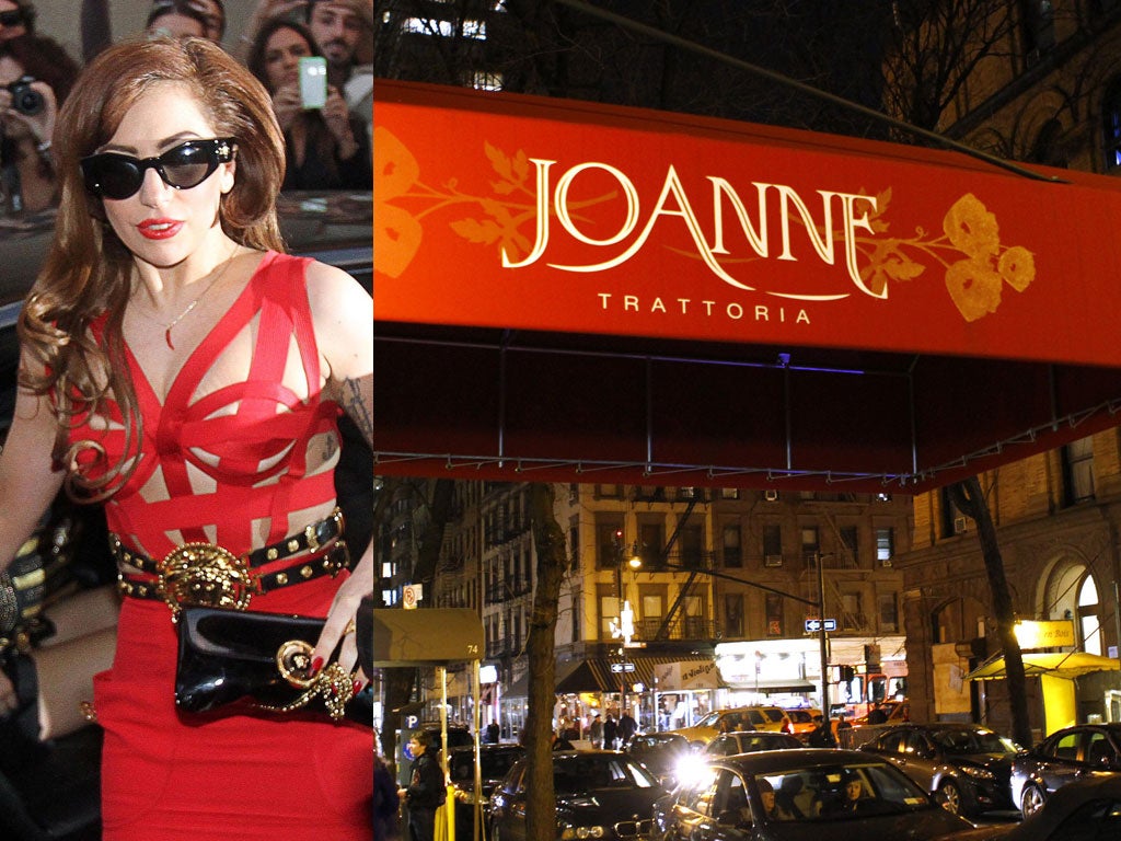Lady Gaga in Milan last week; her parents' Joanne Trattoria in New York, which opened earlier this year