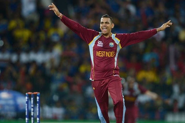 Sunil Narine of the West Indies celebrates dismissing Sri Lanka captain Mahela Jayawardene