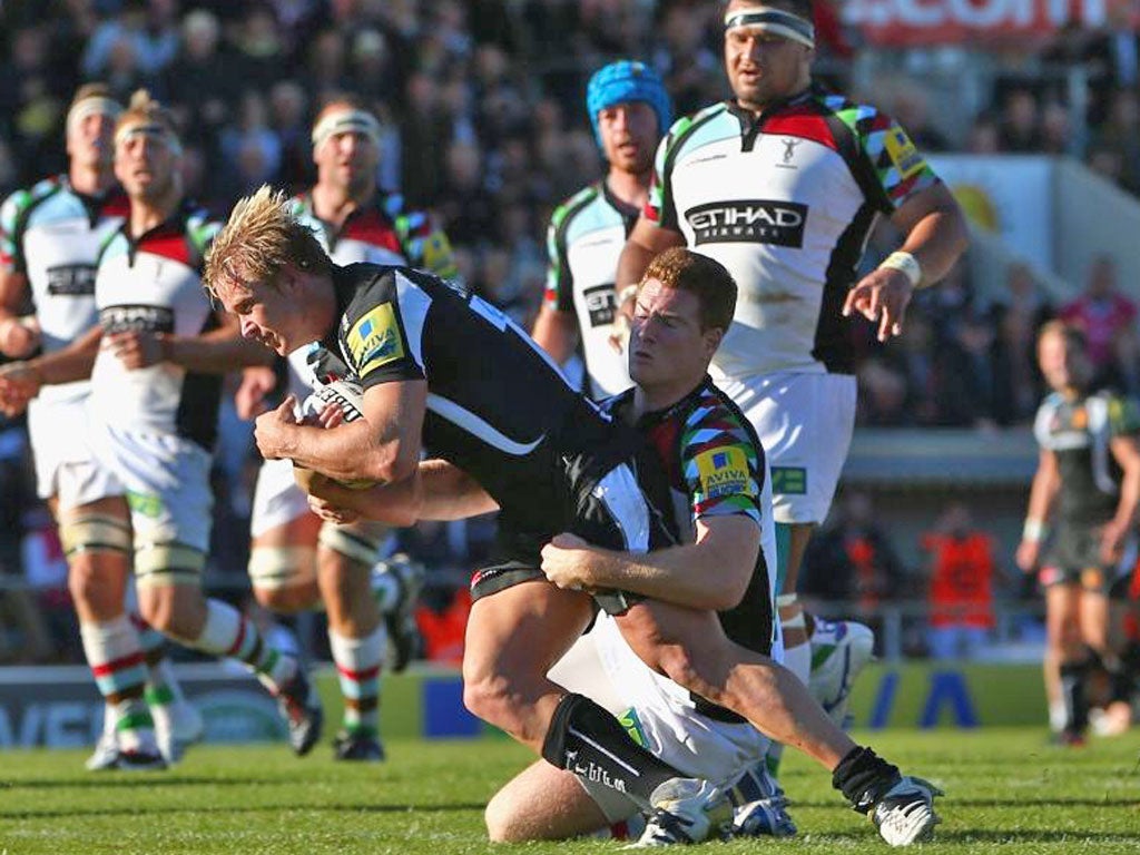 Exeter’s Jason Shoemark scores as Rory Clegg fails to stop him