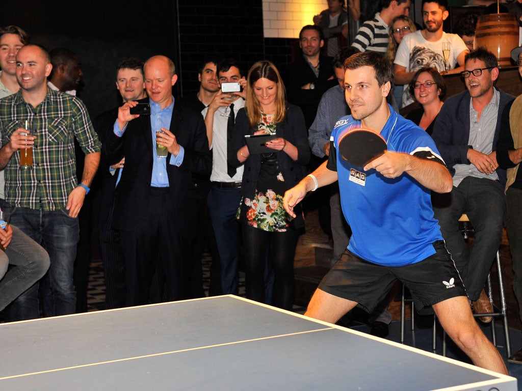 Timo Boll, the world tabletennis No.7, plays an exhibition match at the launch party of Bounce London
