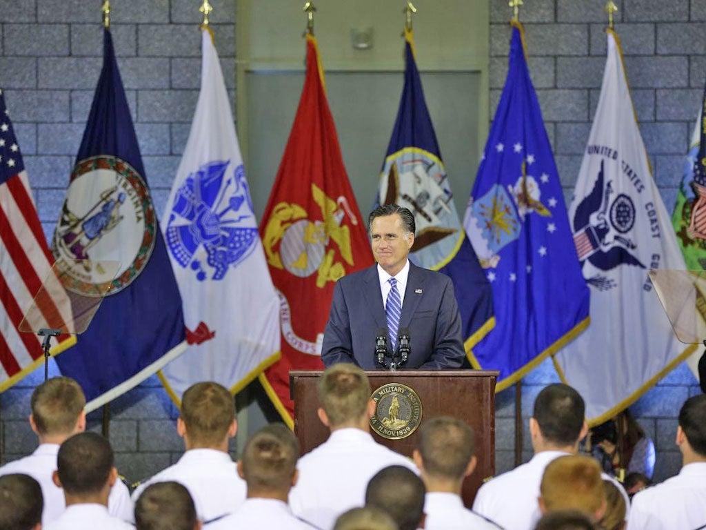 Mitt Romney delivers his speech to cadets at the Virginia Military Institute in Lexington yesterday
