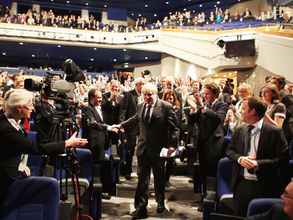 Boris Johnson creates a stir as he arrives to speak at the Tory conference yesterday