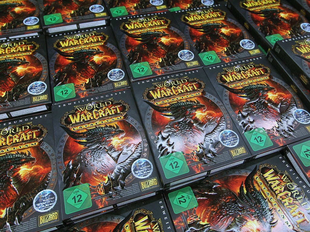Copies of the new 'World of Warcraft: Cataclysm' game lie on display shortly before midnight for the game's global sales premiere at MediaMarkt on December 6, 2010 in Berlin, Germany.