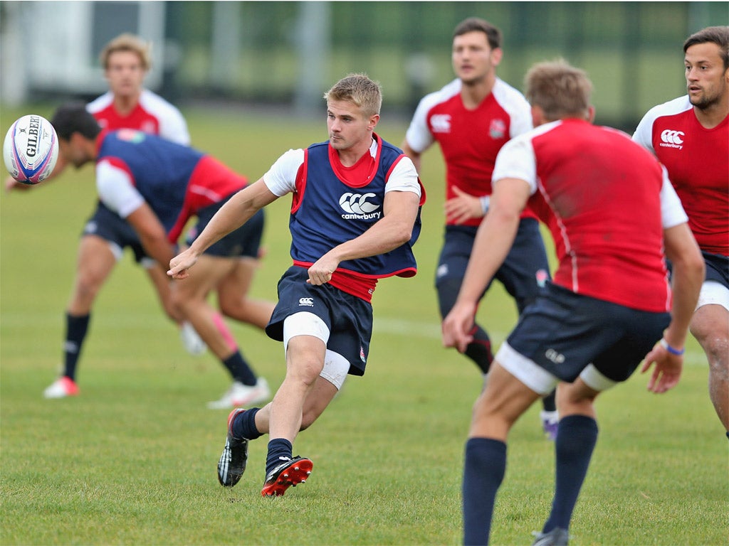 England Sevens' Sam Edgerley gets off his pass in pre-World Series practice