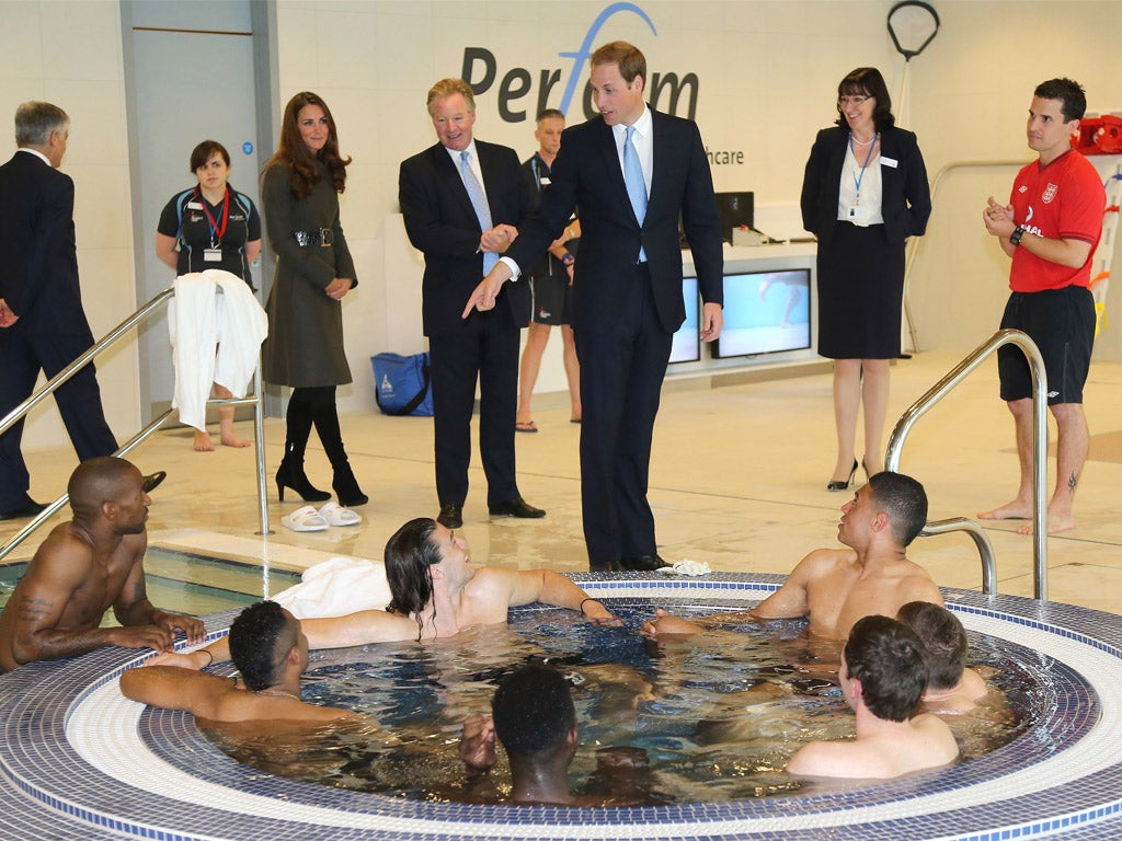 Prince William inspects a jacuzzi full of England players at SGP yesterday