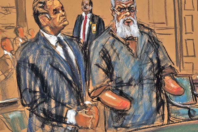 Abu Hamza depicted in a courtroom sketch from his arraignment hearing yesterday