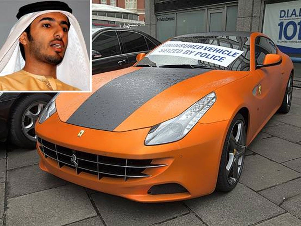 Seized: the Ferrari FF supercar outside New Scotland Yard and, inset, Sheikh Rashid Bin Humaid Al Nuaimi