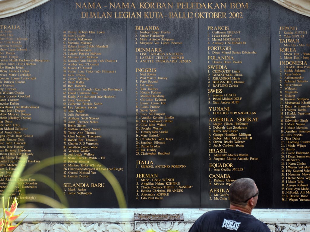 A memorial monument for the 2002 bombing built next to the site of the blasts listing the names of the 202 victims