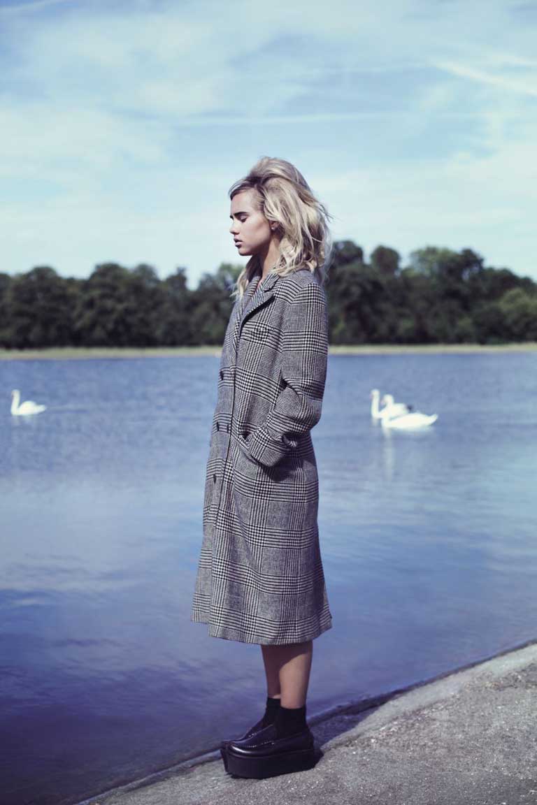 Double-breasted coat, £3,995, by Ralph Lauren, ralphlauren.com; platform shoes, price upon request, by JW Anderson, j-w-anderson.co.uk