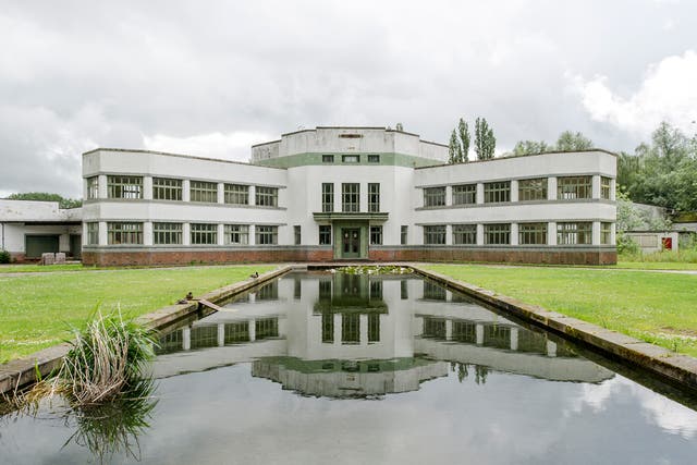 The art deco facade of the former W Pearce & Co leatherworks factory near Northampton