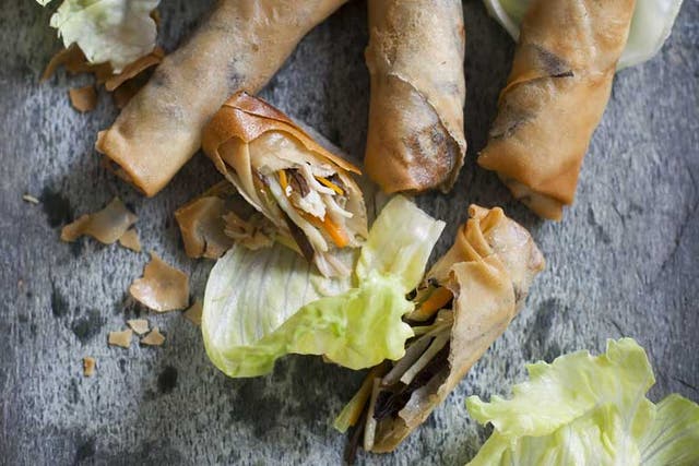Take a dip: Spring rolls filled with smoked chicken and shiitake and dried black fungus mushrooms