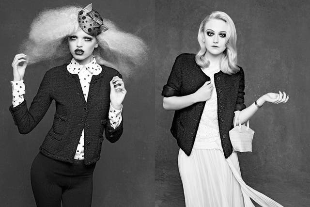 Daphne Grow, left, and, right, Dakota Fanning photographed by Karl Lagerfeld in the 'Little Black Jacket'