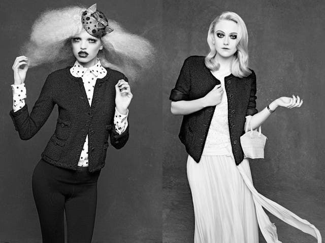 Daphne Grow, left, and, right, Dakota Fanning photographed by Karl Lagerfeld in the 'Little Black Jacket'