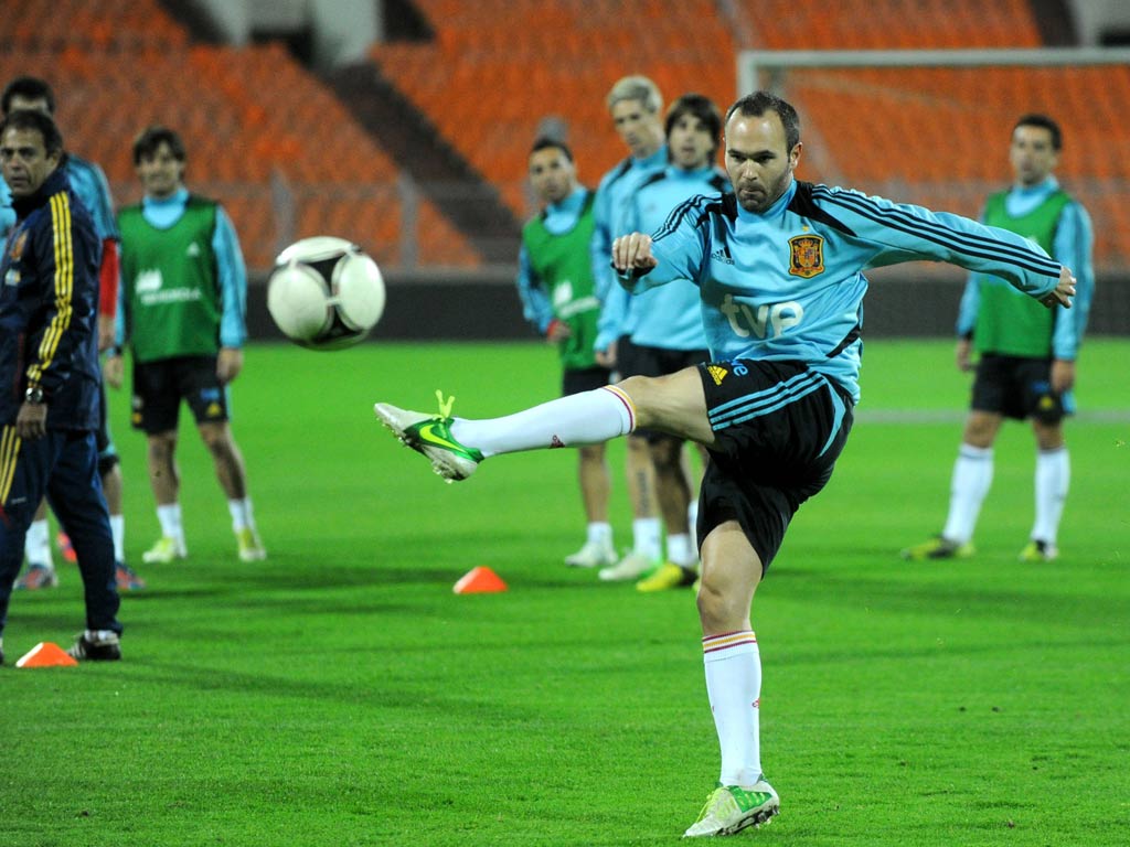 Iniesta of Spain practices ahead of the match in Belarus