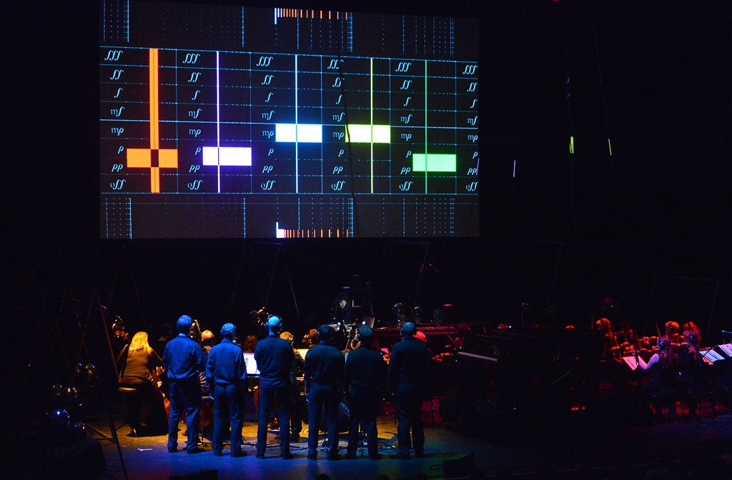 Aphex Twin's Remote Orchestra concept plus 'Interactive Tuned Feedback Pendulum Array' at the Barbican Hall, London on Wednesday Oct. 10 2012.