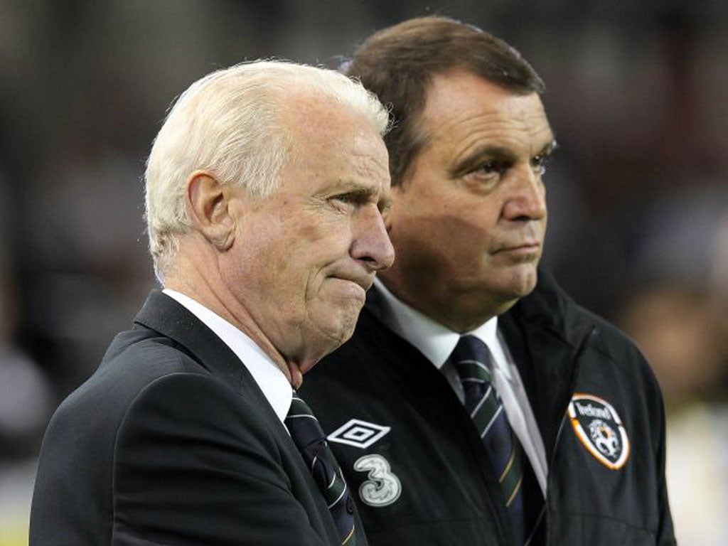 Giovanni Trapattoni (left) and his assistant Marco Tardelli look on grimly