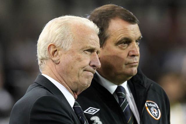 Giovanni Trapattoni (left) and his assistant Marco Tardelli look on grimly