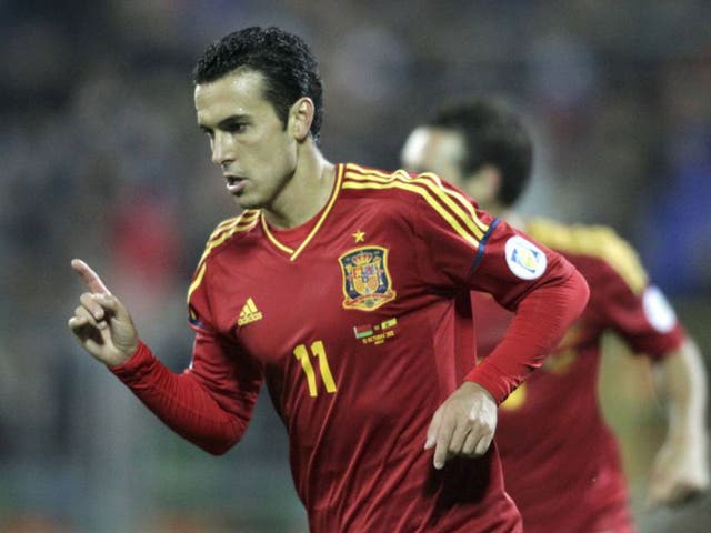 Barcelona midfielder Pedro scored a hat-trick for Spain