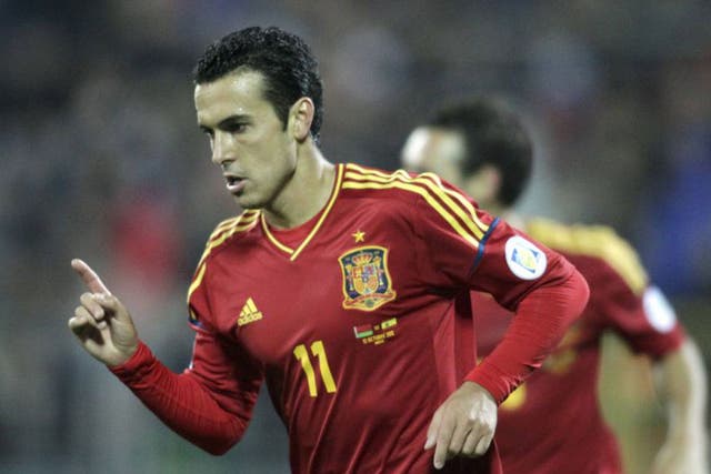 Barcelona midfielder Pedro scored a hat-trick for Spain
