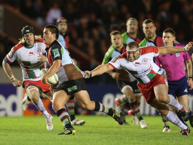 Putting on the ritz: Ben Botica of Harlequins breaks with the ball during their 40-13 victory over Biarritz at the Stoop last night