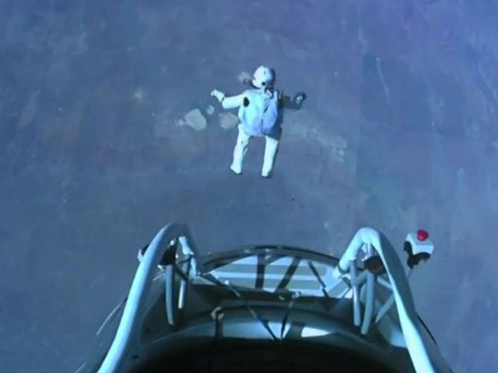 Felix Baumgartner leaves the capsule and begins his plunge to Earth