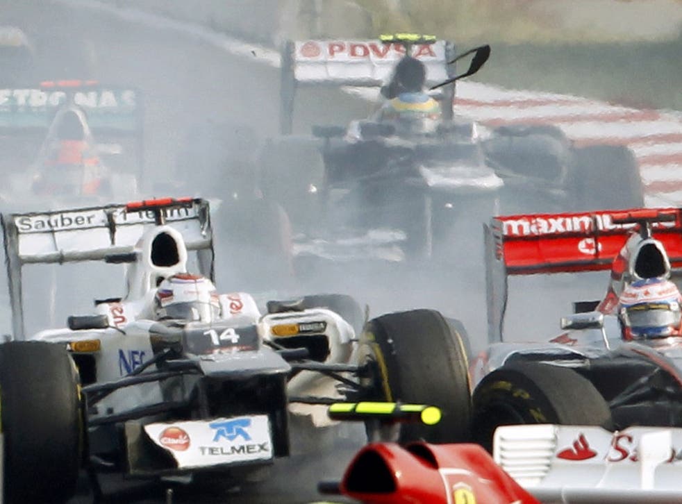 Jenson Button, the former world champion, let his incoming 2013 team-mate Sergio Perez, and the Mexican’s partner Kamui Kobayashi, have it with both barrels after the two Saubers collided with him