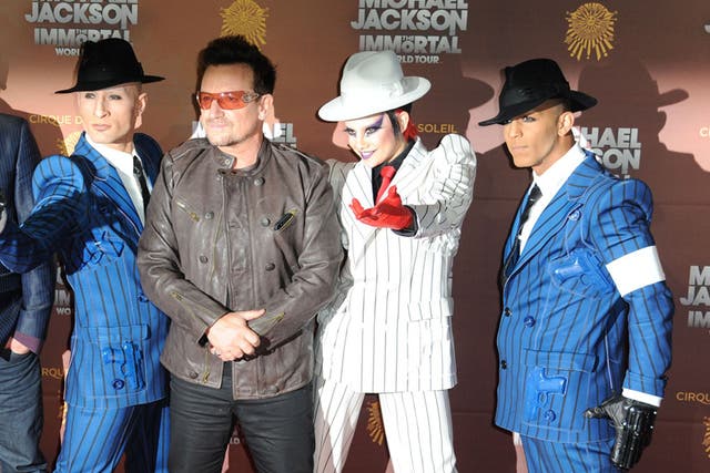 Bono and members of Cirque Du Soleil at Michael Jackson, the Immortal World Tour', The O2, London, Britain - 12 Oct 2012