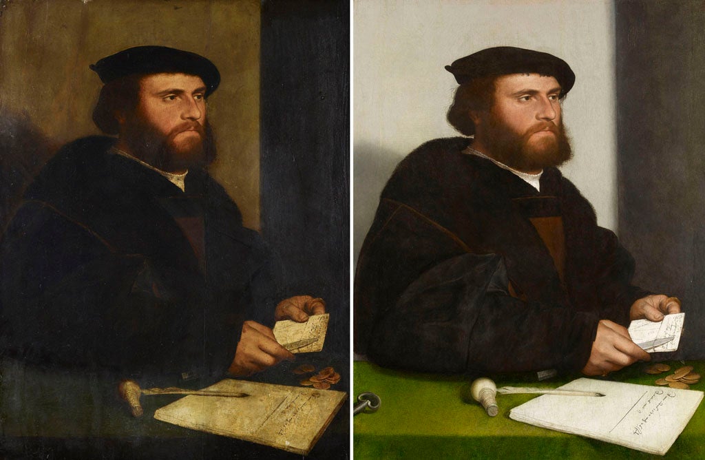 Royal Collection undated handout photo of two views of Hans Holbein the Younger's portrait Hans of Antwerp, before (left) and after restoration